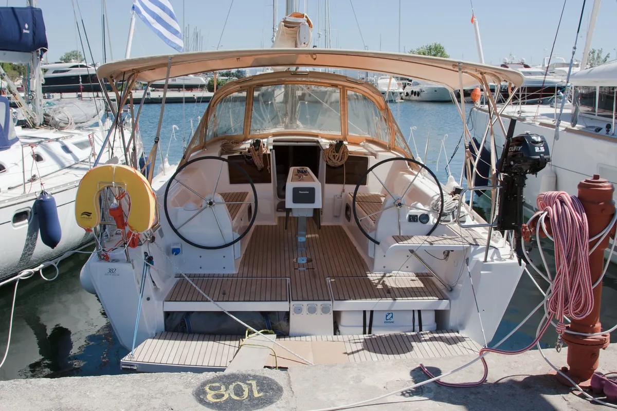 Deck of Siroko, a Dufour 382 GL sailboat at Sithonia Municipal Unit, Greece