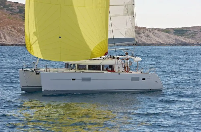Exterior view of Christina, a Lagoon 400 catamaran at Athens, Greece