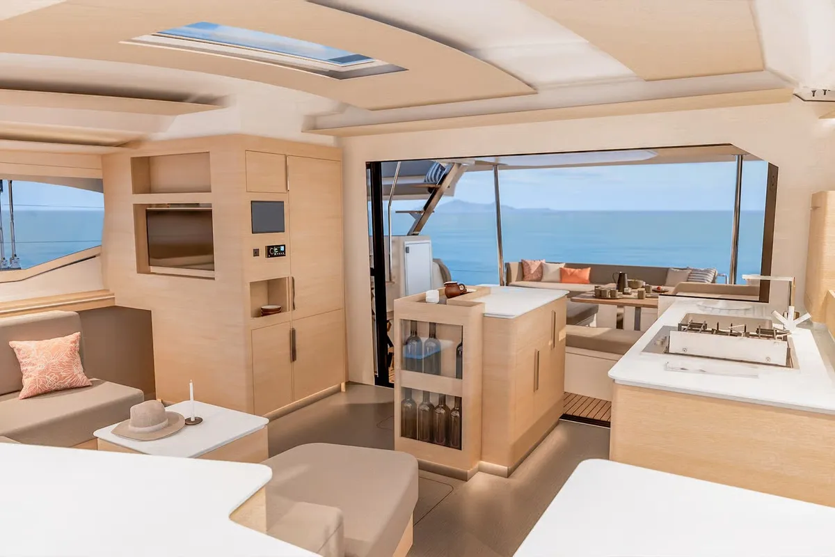 Salon of Long Layover, a Fountaine Pajot FP 48 Quintet 5 catamaran at Charlotte Amalie, United States