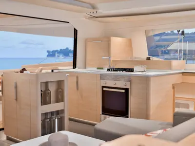 Galley of Long Layover, a Fountaine Pajot FP 48 Quintet 5 catamaran at Charlotte Amalie, United States