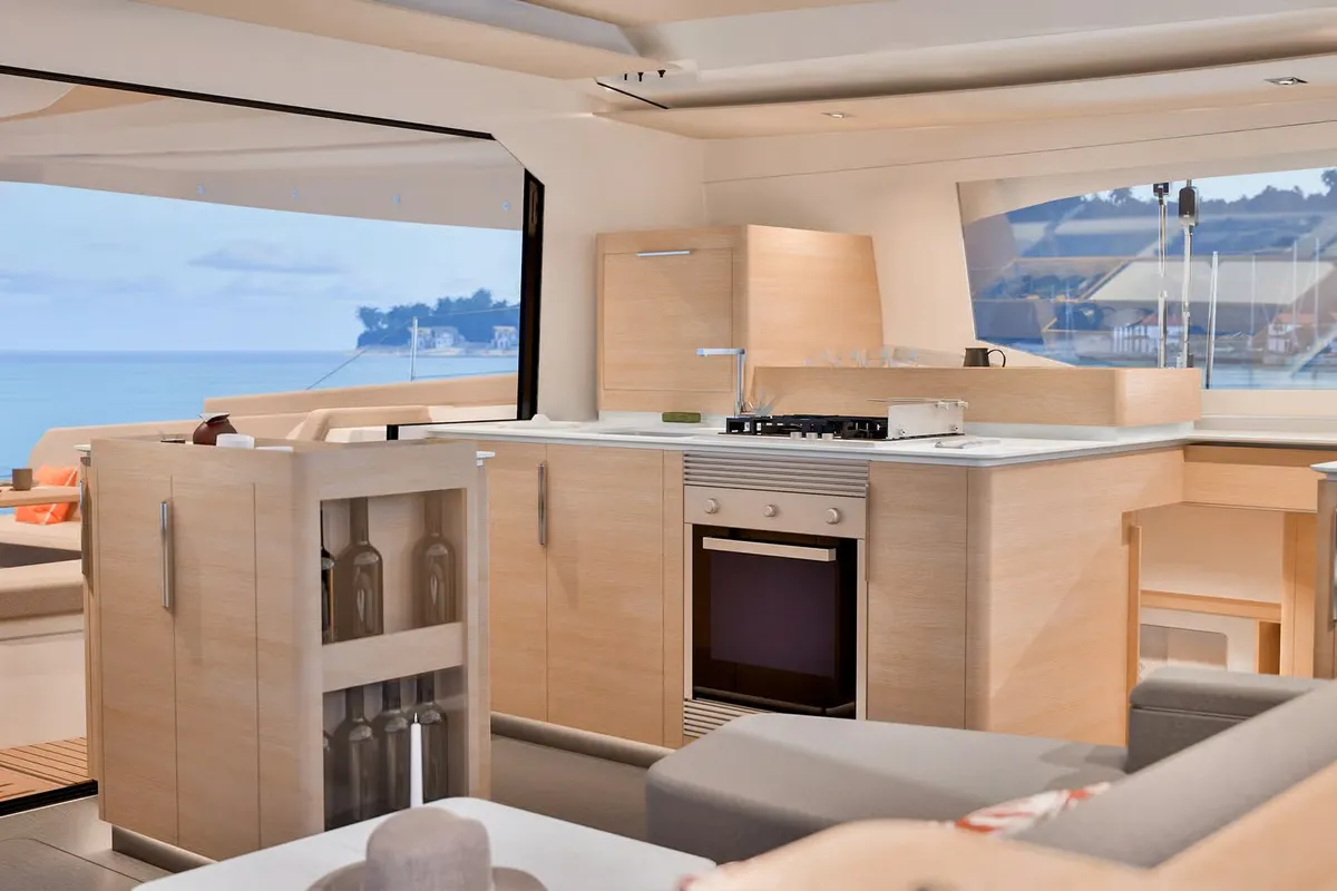 Galley of Long Layover, a Fountaine Pajot FP 48 Quintet 5 catamaran at Charlotte Amalie, United States