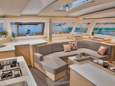 Salon of Long Layover, a Fountaine Pajot FP 48 Quintet 5 catamaran at Charlotte Amalie, United States