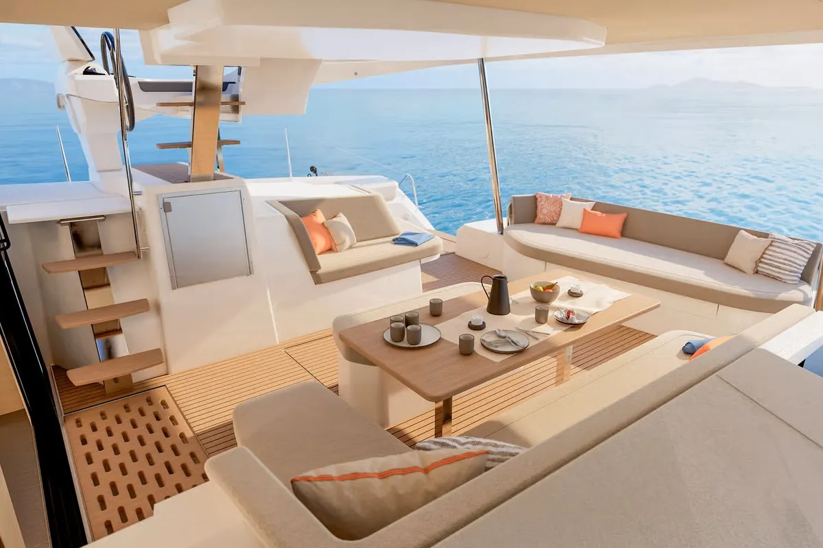 Deck of Long Layover, a Fountaine Pajot FP 48 Quintet 5 catamaran at Charlotte Amalie, United States