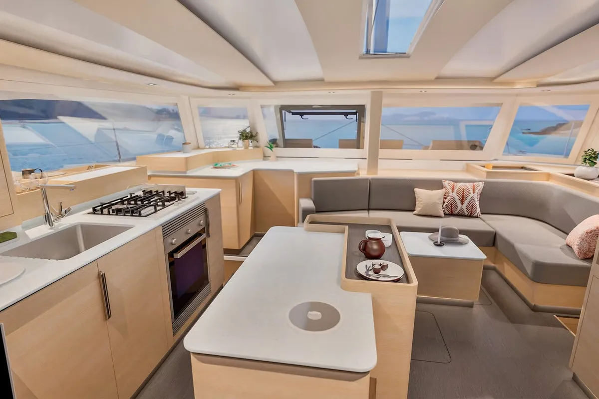 Galley of Long Layover, a Fountaine Pajot FP 48 Quintet 5 catamaran at Charlotte Amalie, United States