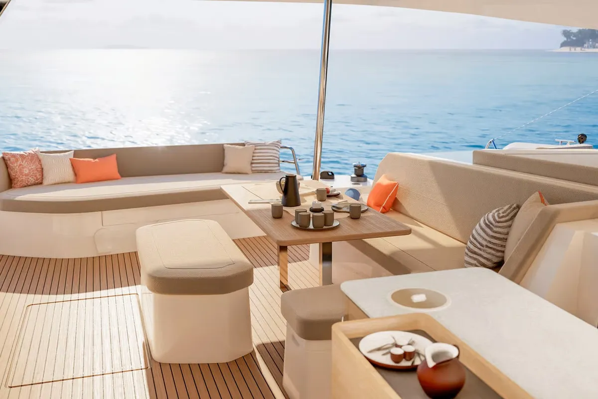 Deck of Long Layover, a Fountaine Pajot FP 48 Quintet 5 catamaran at Charlotte Amalie, United States
