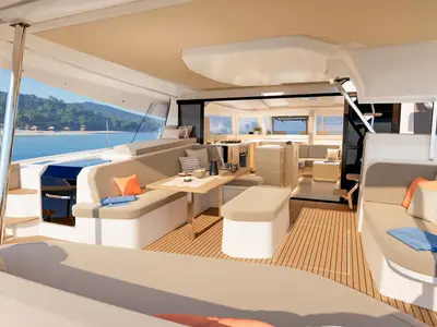 Deck of Long Layover, a Fountaine Pajot FP 48 Quintet 5 catamaran at Charlotte Amalie, United States