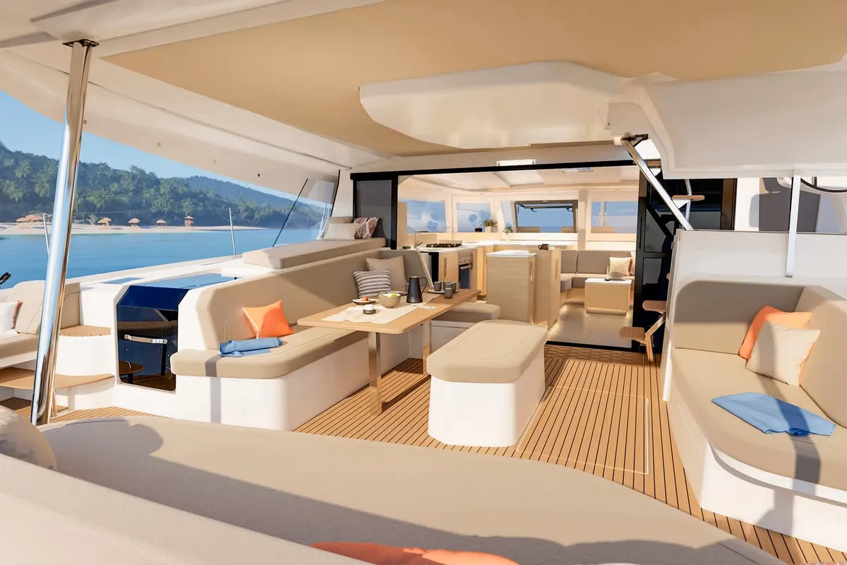 Deck of Long Layover, a Fountaine Pajot FP 48 Quintet 5 catamaran at Charlotte Amalie, United States