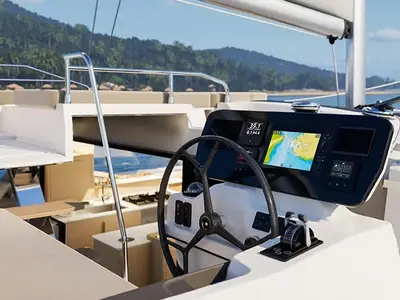 Cockpit of Long Layover, a Fountaine Pajot FP 48 Quintet 5 catamaran at Charlotte Amalie, United States