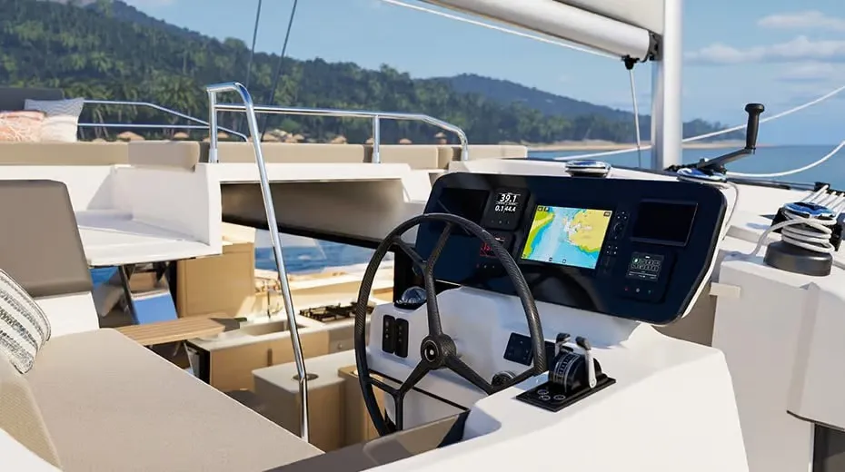 Cockpit of Long Layover, a Fountaine Pajot FP 48 Quintet 5 catamaran at Charlotte Amalie, United States
