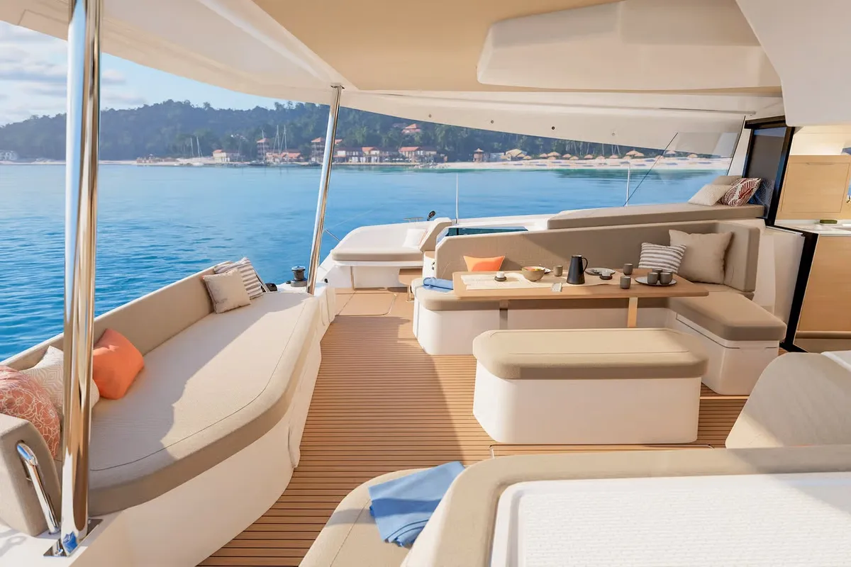 Deck of Long Layover, a Fountaine Pajot FP 48 Quintet 5 catamaran at Charlotte Amalie, United States