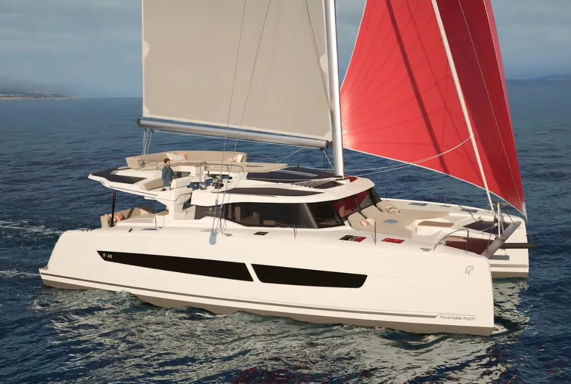 Exterior view of Long Layover, a Fountaine Pajot FP 48 Quintet 5 catamaran at Charlotte Amalie, United States