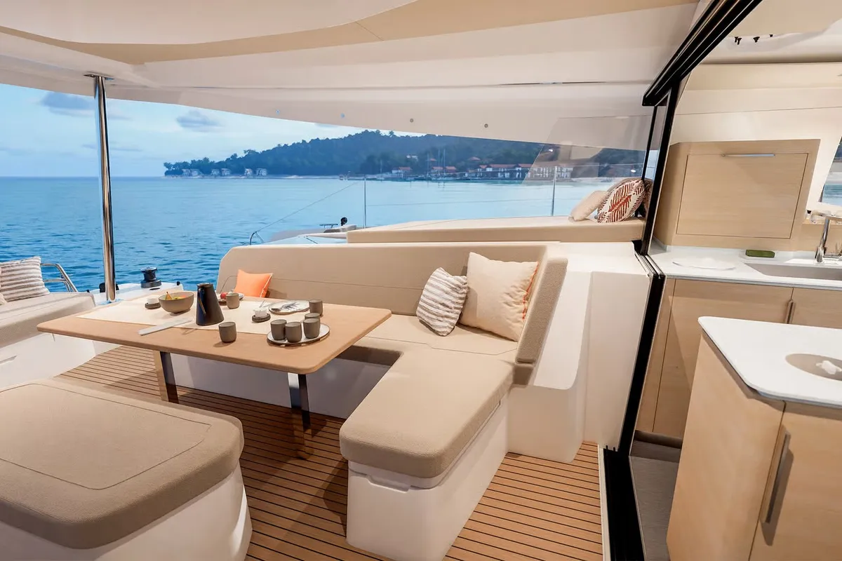 Deck of Long Layover, a Fountaine Pajot FP 48 Quintet 5 catamaran at Charlotte Amalie, United States