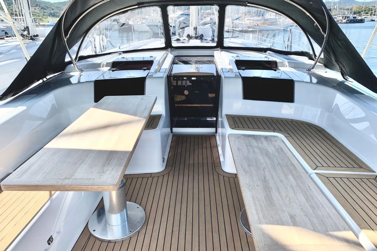Deck of ARTEMIS, a Hanse 508 sailboat at Lefkada, Greece