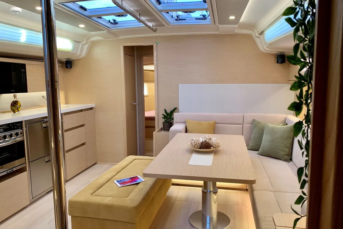 Salon of ARTEMIS, a Hanse 508 sailboat at Lefkada, Greece