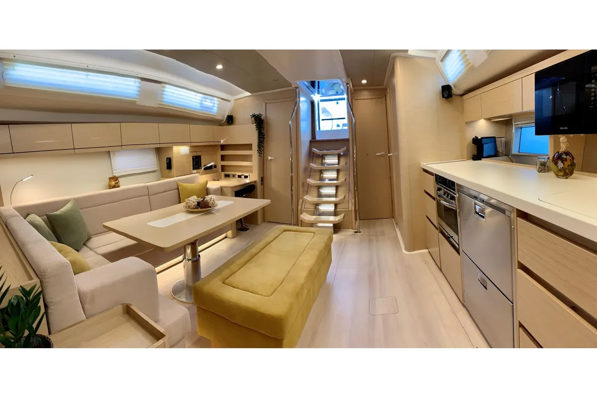 Salon of ARTEMIS, a Hanse 508 sailboat at Lefkada, Greece