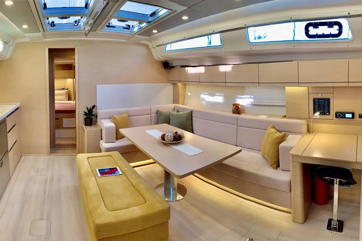 Salon of ARTEMIS, a Hanse 508 sailboat at Lefkada, Greece