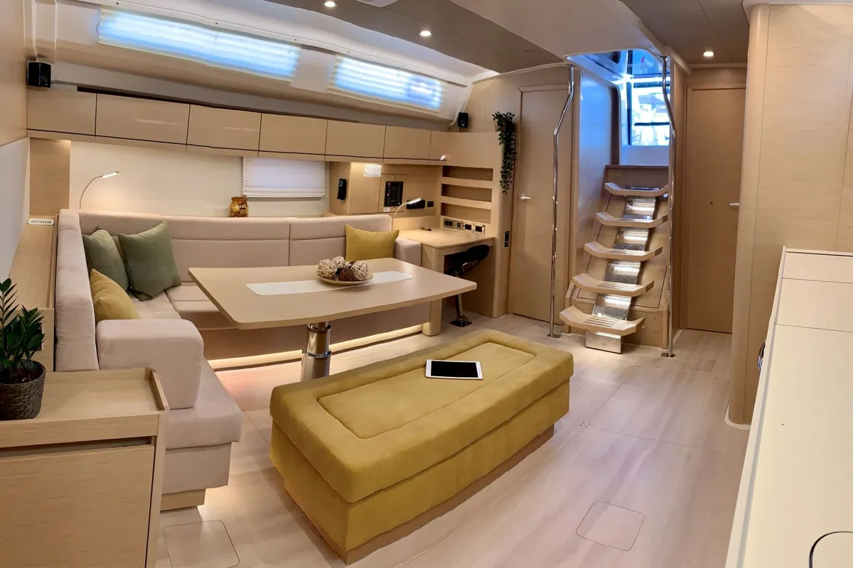 Salon of ARTEMIS, a Hanse 508 sailboat at Lefkada, Greece