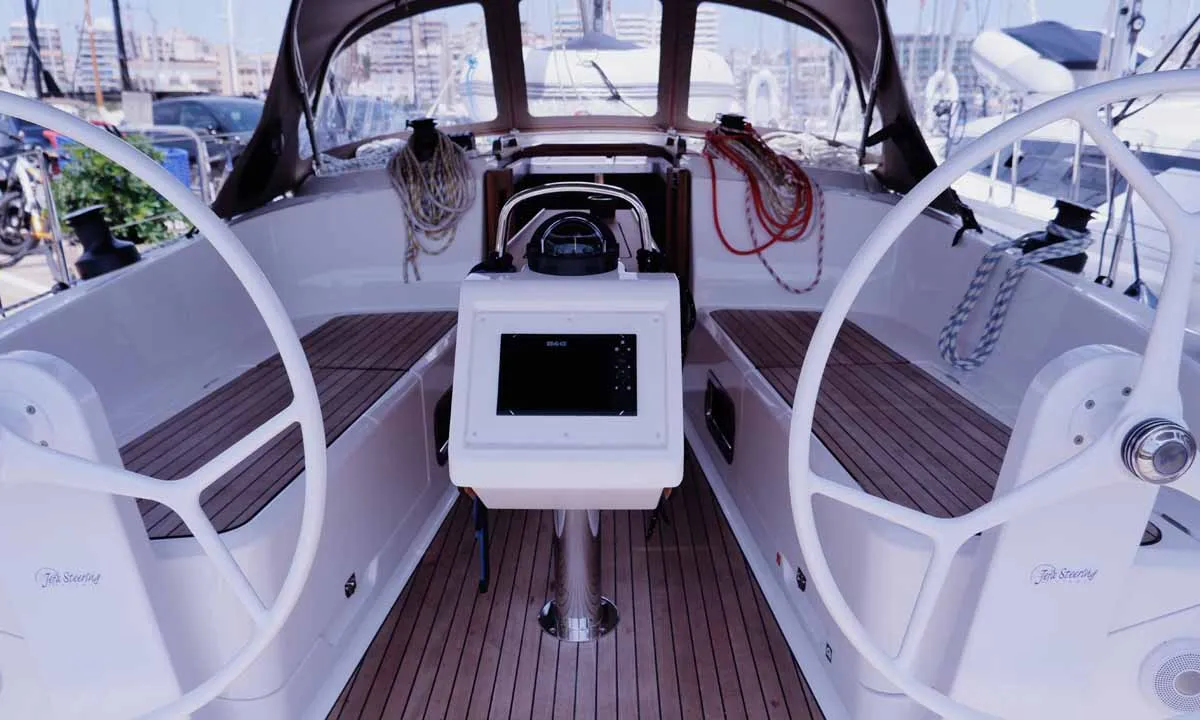 Cockpit of Paloma, a Bavaria Cruiser 37 sailboat at Portoferraio, Italy