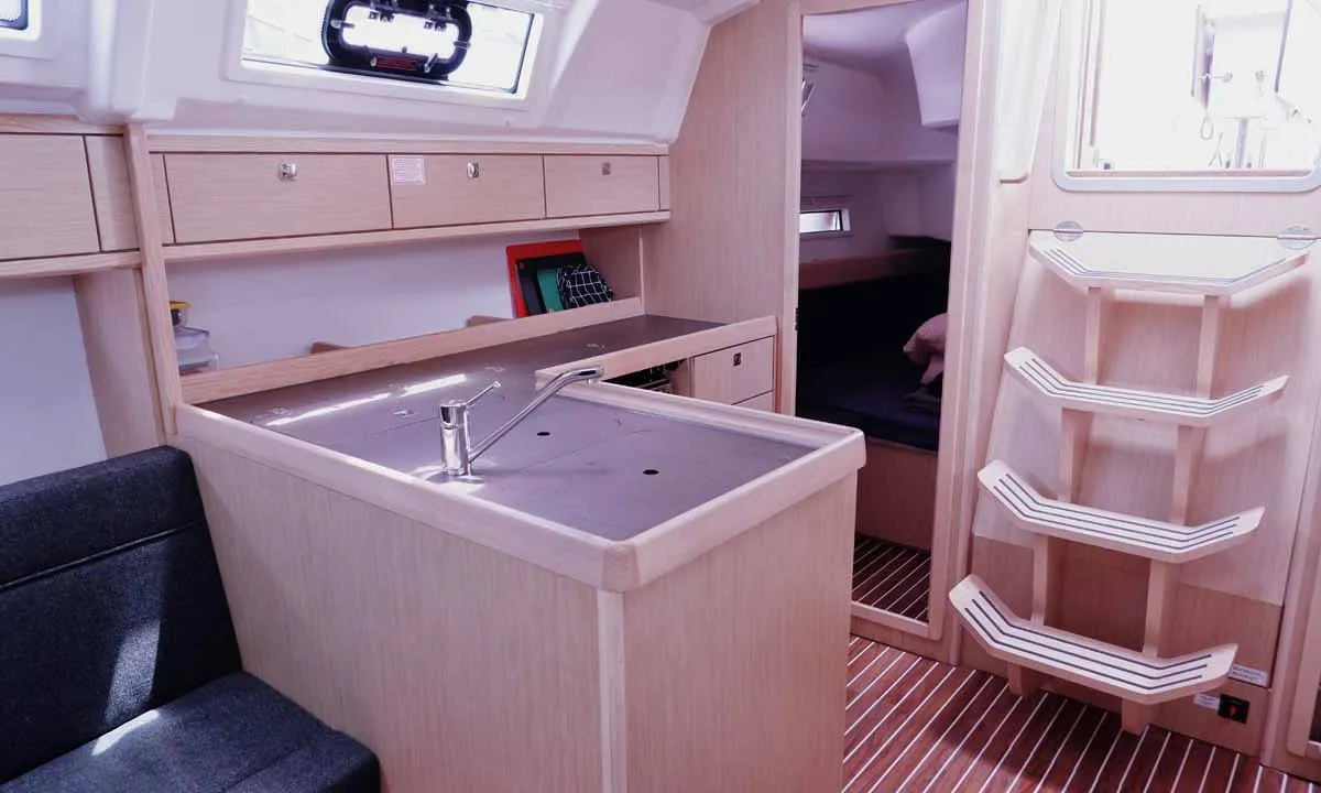 Galley of Paloma, a Bavaria Cruiser 37 sailboat at Portoferraio, Italy