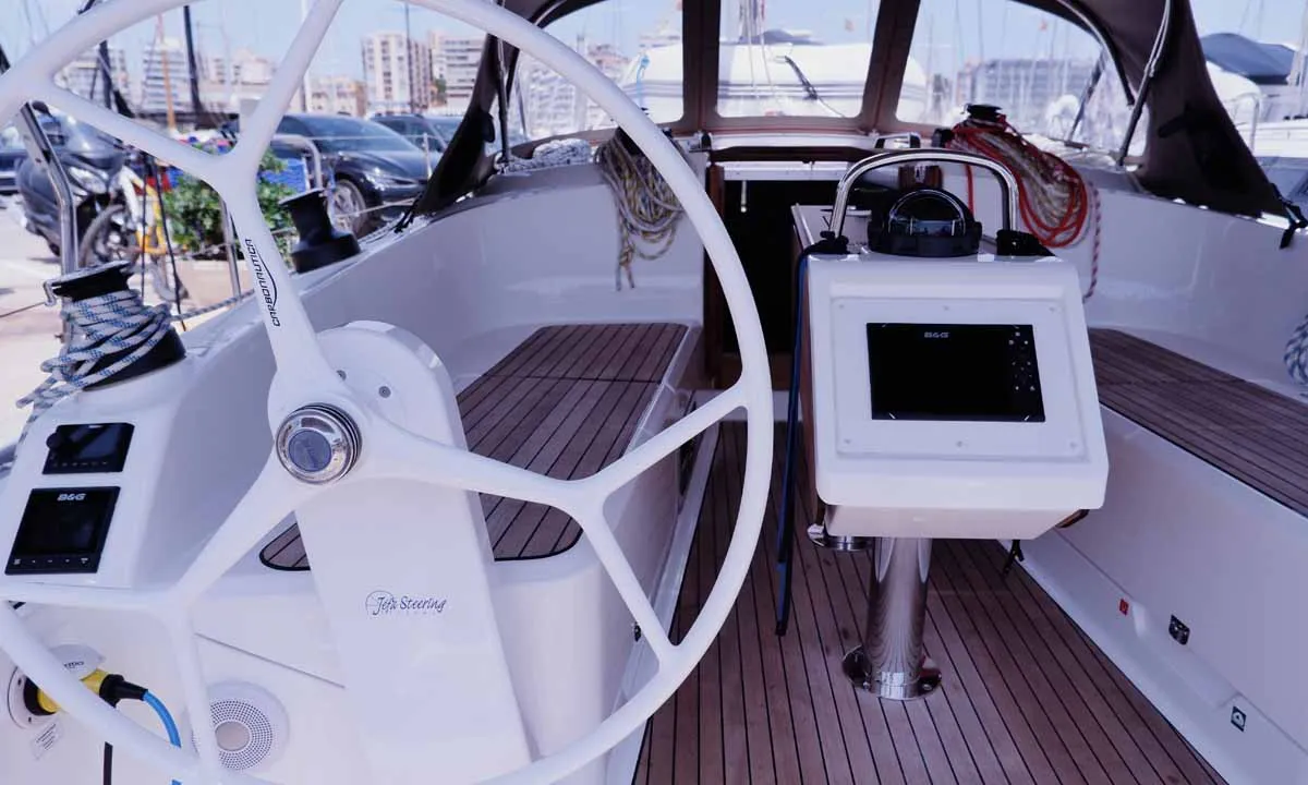 Cockpit of Paloma, a Bavaria Cruiser 37 sailboat at Portoferraio, Italy