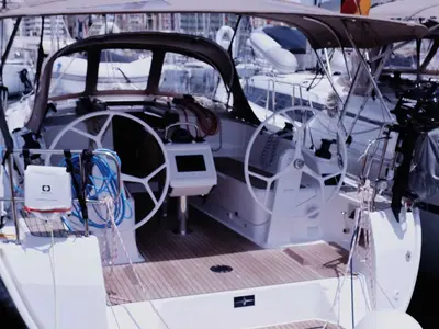 Cockpit of Paloma, a Bavaria Cruiser 37 sailboat at Portoferraio, Italy