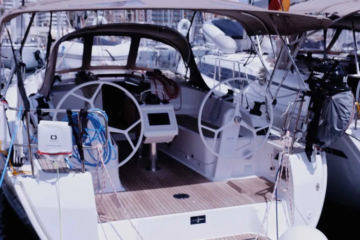 Cockpit of Paloma, a Bavaria Cruiser 37 sailboat at Portoferraio, Italy