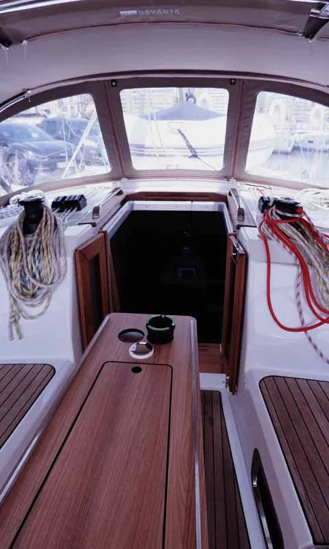 Deck of Paloma, a Bavaria Cruiser 37 sailboat at Portoferraio, Italy