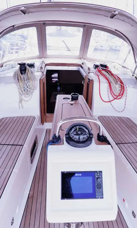 Deck of Paloma, a Bavaria Cruiser 37 sailboat at Portoferraio, Italy