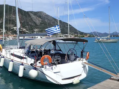 Deck of Mayflower, a Jeanneau Sun Odyssey 519 sailboat at Benitses, Greece