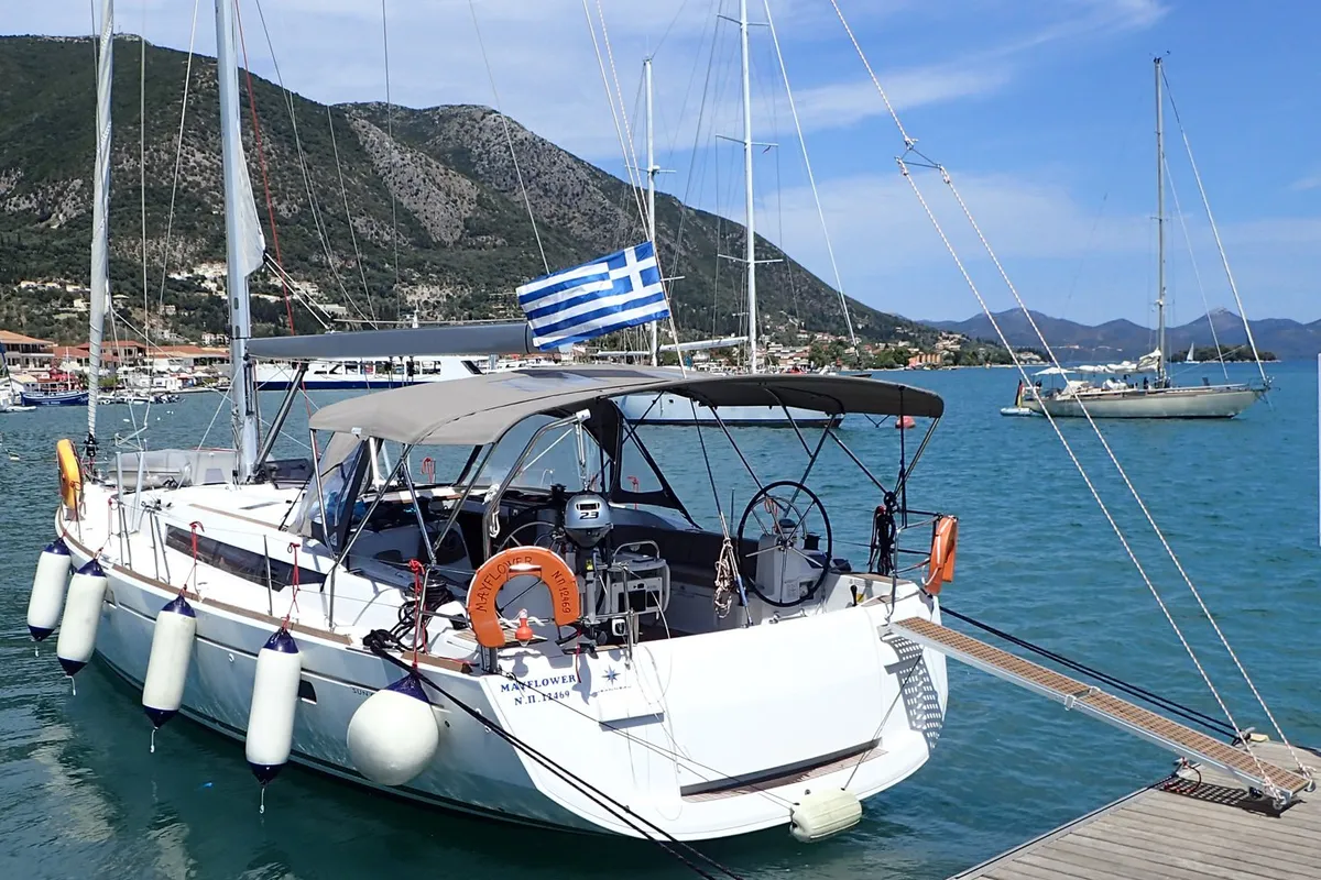 Deck of Mayflower, a Jeanneau Sun Odyssey 519 sailboat at Benitses, Greece