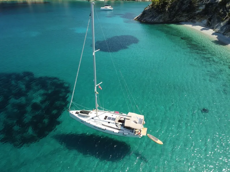 Exterior view of Mayflower, a Jeanneau Sun Odyssey 519 sailboat at Benitses, Greece