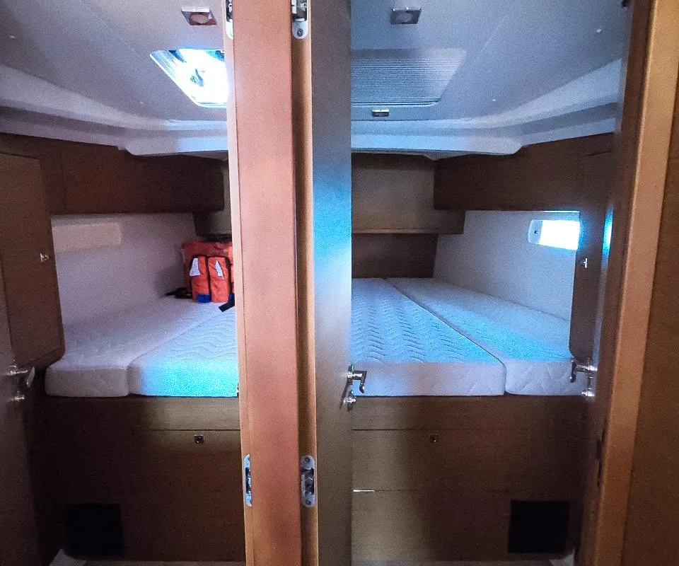 Cabin on Mayflower, a Jeanneau Sun Odyssey 519 sailboat at Benitses, Greece