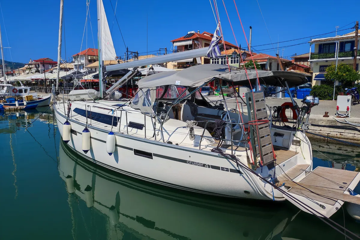 Exterior view of IOLI, a Bavaria Cruiser 41 sailboat at Municipal Unit of Lefkada, Greece