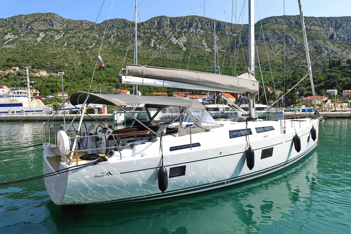Exterior view of Uptown Girl, a Hanse 508 sailboat at Dubrovnik, Croatia
