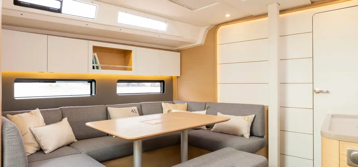 Salon of Moorings 41.3 Exclusive Plus, a Dufour 41 sailboat at Kontokali, Greece