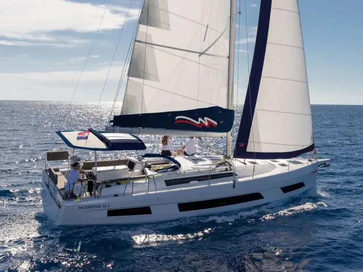 Exterior view of Moorings 41.3 Exclusive Plus, a Dufour 41 sailboat at Kontokali, Greece