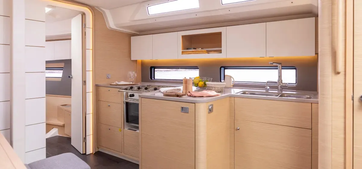 Galley of Moorings 41.3 Exclusive Plus, a Dufour 41 sailboat at Kontokali, Greece