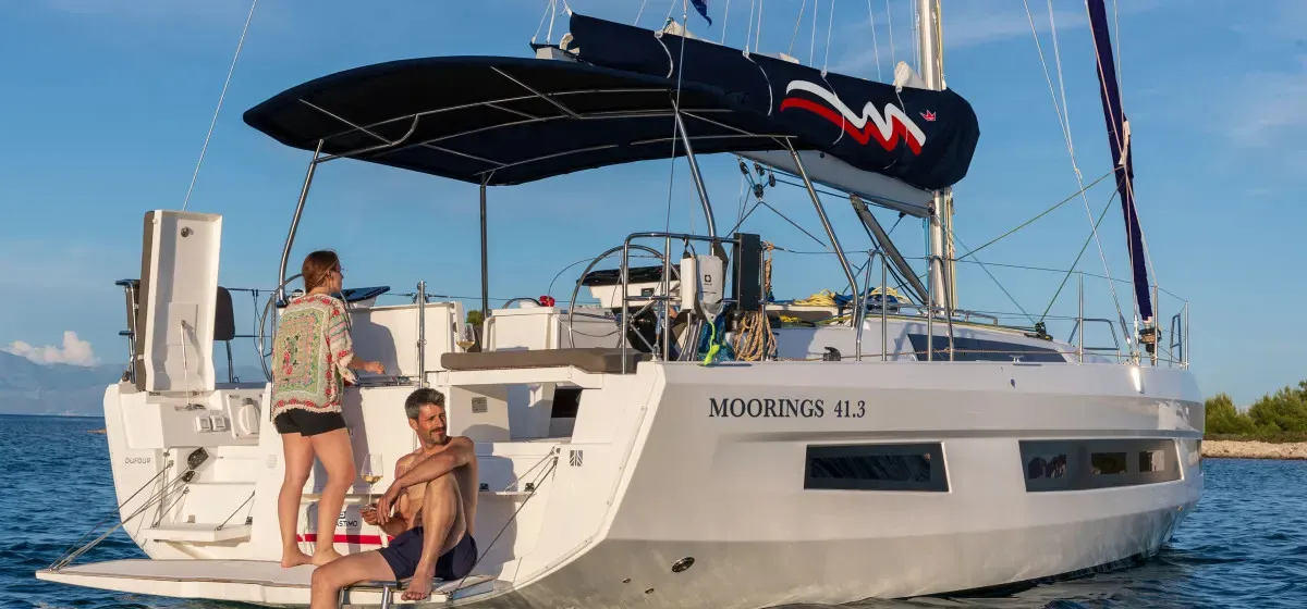 Exterior view of Moorings 41.3 Exclusive Plus, a Dufour 41 sailboat at Kontokali, Greece