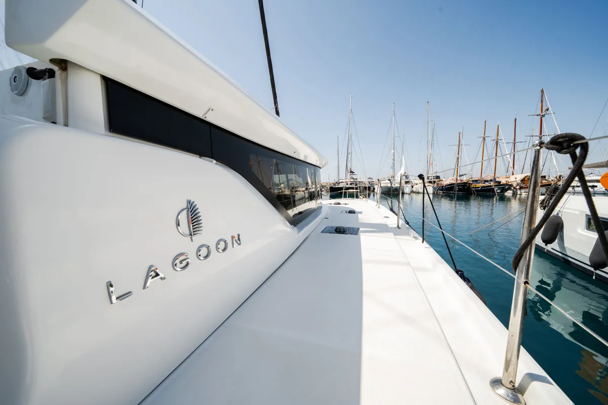 Exterior view of Cataleya, a Lagoon 46 catamaran at Athens, Greece