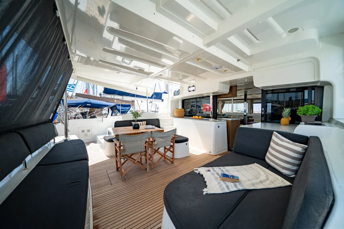 Deck of Cataleya, a Lagoon 46 catamaran at Athens, Greece