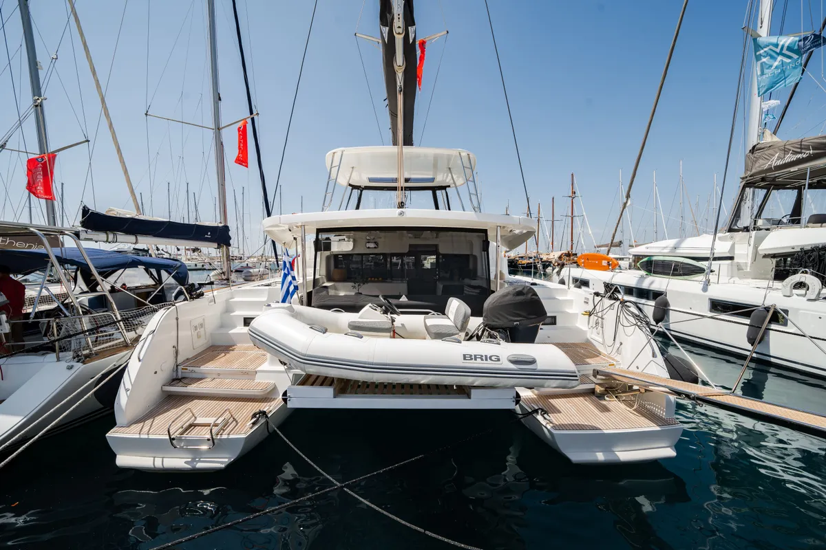 Exterior view of Cataleya, a Lagoon 46 catamaran at Athens, Greece