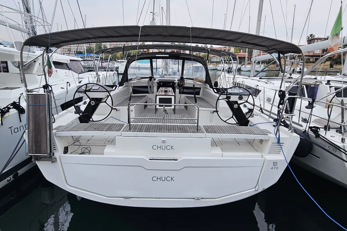 Exterior view of Chuck, a Dufour 470 sailboat at Tonnarella, Italy