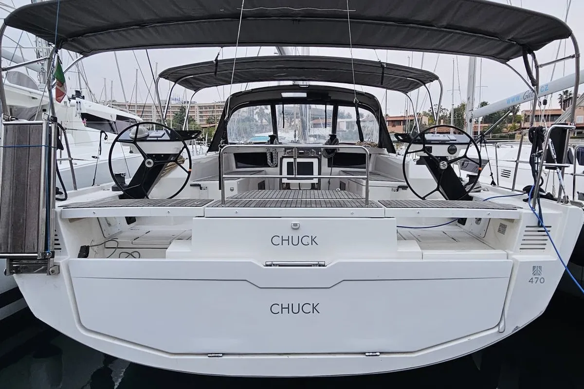 Exterior view of Chuck, a Dufour 470 sailboat at Tonnarella, Italy