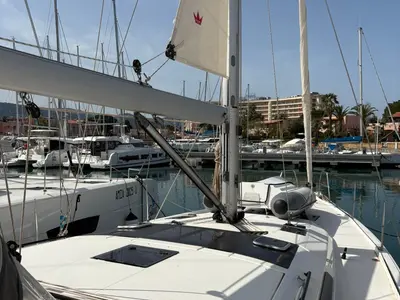 Deck of Chuck, a Dufour 470 sailboat at Tonnarella, Italy