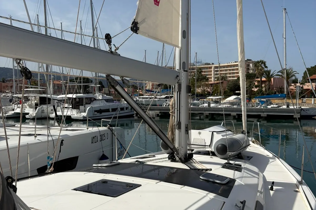 Deck of Chuck, a Dufour 470 sailboat at Tonnarella, Italy