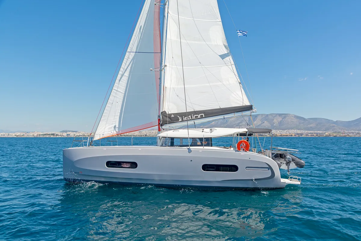 Exterior view of Little Blue Ocean, a Excess 11 catamaran at Parikia, Greece