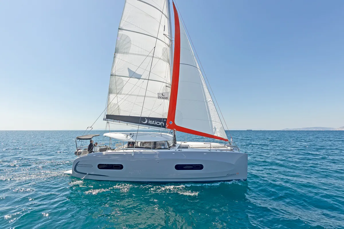 Exterior view of Little Blue Ocean, a Excess 11 catamaran at Parikia, Greece