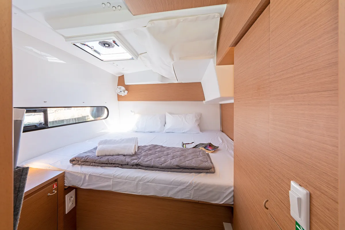 Cabin on Little Blue Ocean, a Excess 11 catamaran at Parikia, Greece
