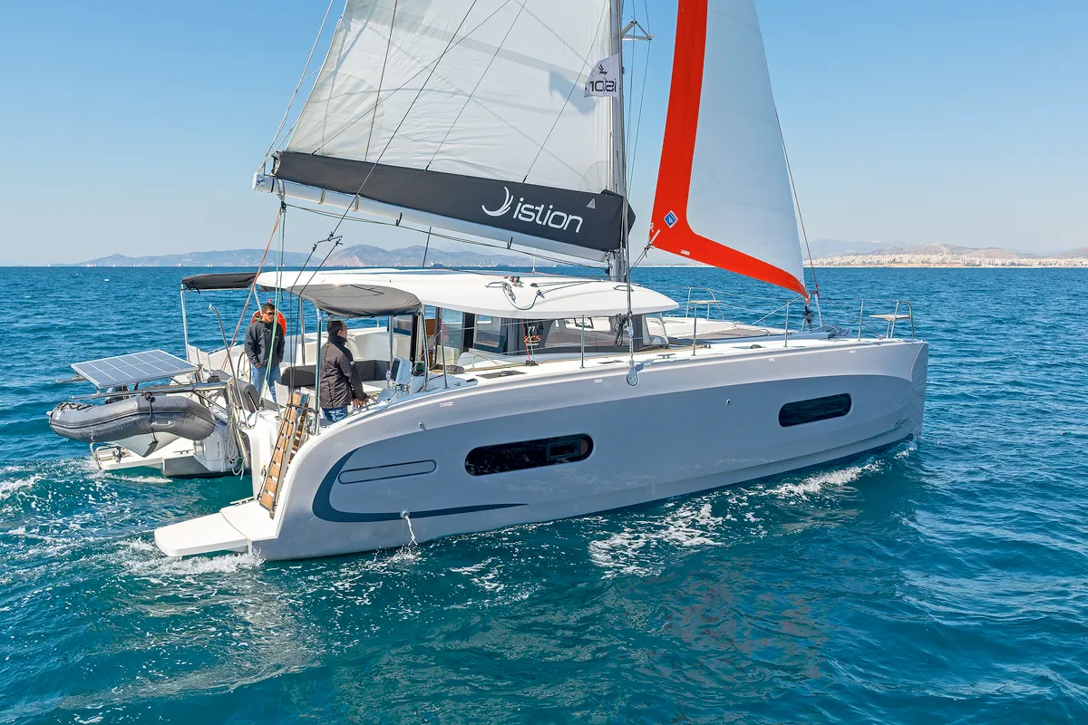 Exterior view of Little Blue Ocean, a Excess 11 catamaran at Parikia, Greece