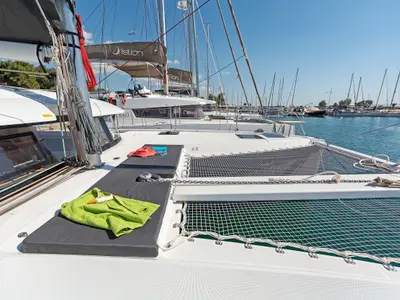 Deck of Little Blue Ocean, a Excess 11 catamaran at Parikia, Greece